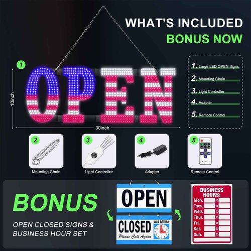 30'' x 10" Large LED Open Signs for Buisness, Remote Control and Adjustment Brightness & Speed - 14 Mode, LED Open Closed Sign for Bar Store Restaurant Office Hotel Salon USA Flag