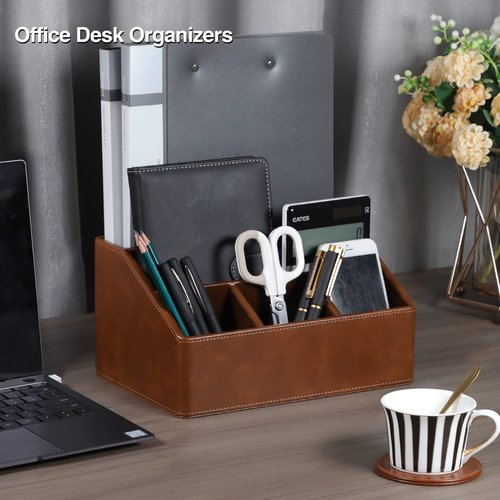 MEIBOOCH PU Leather Desk Organizer, Luxury Remote Control Holder for Home, Office Desk Accessories Table Caddy Bedside Nightstand Organizer (Brown)