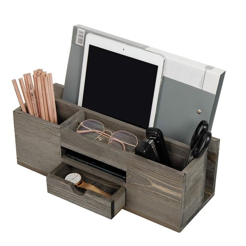 Liry Products Brown Wooden Desktop Organizer Multiple Compartments Rack Shelf Drawer Tabletop Wood Storage Cabinet Office Supplies Caddy Document Stationery Holder Accessory Sorter Vanity Home