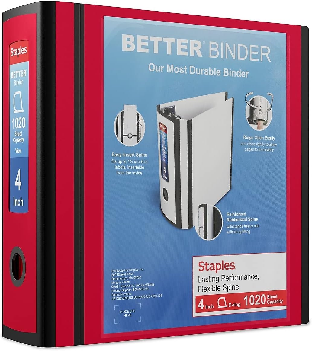 Staples Better Binder - 4" D-Ring 3-Ring View Binder | High-Capacity Red Binder with Reinforced Spine for School & Office
