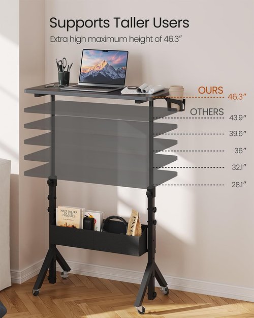 ErGear Mobile Standing Desk - Adjustable Height 28.3″ to 46.1″ | Rolling Laptop Cart with Cup Holder & Storage Basket - Black (31.5″ x 15.75″)