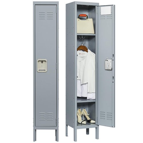 IKIMI 66" Metal Lockers for Employees Storage Locker with 1 Door and Shelves,Steel Lockable Cabinet Gray Tall Locker for School Office Gym Home Garage