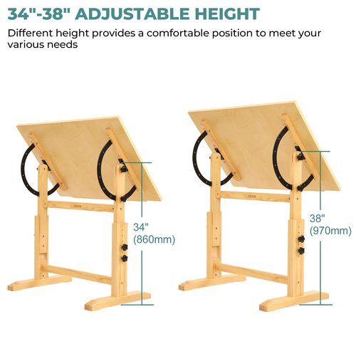 VISWIN Wood Drafting Table for Adults, 24'' x 35" Drawing Table with Adjustable Height & Angle for Art Studio, Solid Pine Wood Artist Desk for Drawing, Drafting, Writing, Reading, Sketching