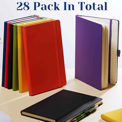 28 Pack Lined Notebook Journal Bulk A5 Hardcover Notebook PU Leather College Ruled Notepad 5.5 x 8.2 Inch Ruled Lined Journal Set With Pen Holder for School Business Work Travel Writing(Mixed Color)