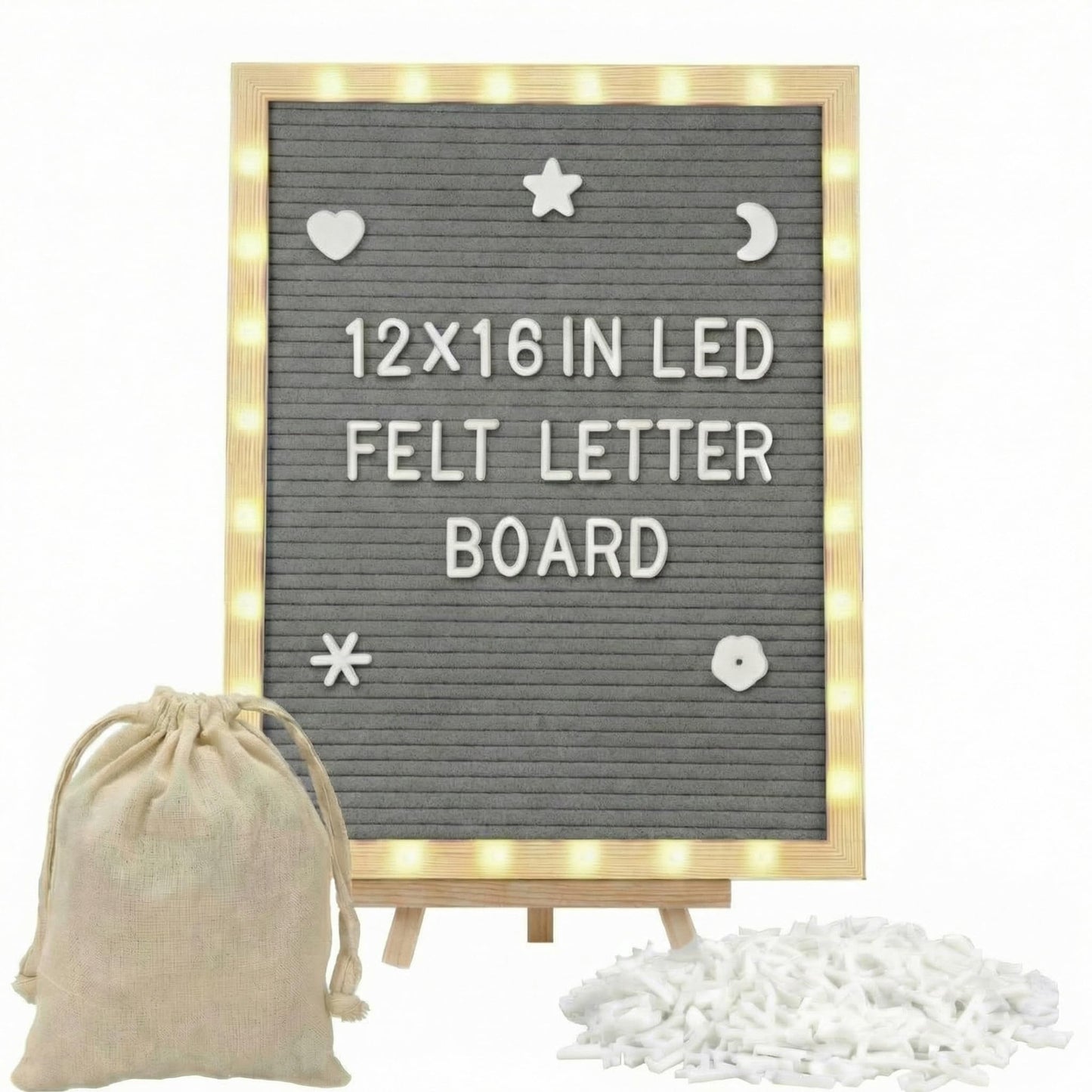 wearage 12 x 16 Inch Changeable Felt Letter Board with LED Lights, Message Custom Felt Letter Board with Wooden Stand and 300 Letters for Pregnancy Announcement Classroom Decor Poster (Grey)