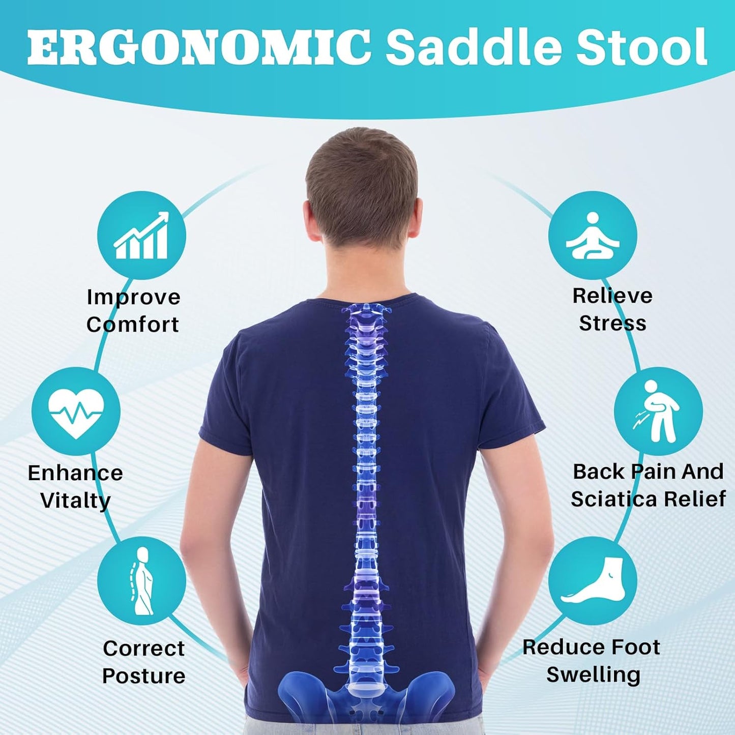 YEEZEE Saddle Stool - Ergonomic Rolling Chair with Wide Thick Padding | Adjustable Height & Wheels (Dark Black)