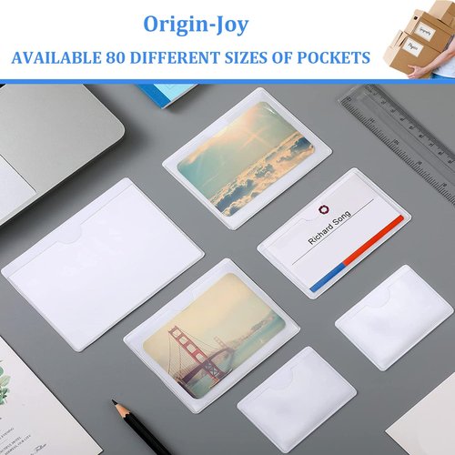 Origin-Joy 60 PCS Self Adhesive Index Card Pockets with Top Open, Clear Plastic Label Holder for Cards of Note, Library and Business, Adhesive Label Pockets & Card Holder (7 x 5 inch)