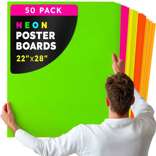 Hygloss Large Poster Board 22x28 - 50 Assorted Neon Color Poster Boards Bulk Pack - 10 Pt. Thickness Colored Poster Board Paper for Projects, Signs, Displays, Crafts - Posterboard Multipack 22" x 28"