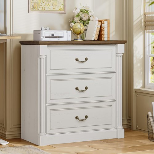 3 Drawer File Cabinet, Farmhouse Filing Cabinet for Letter/Legal Size, Wooden Extended Desktop, Wood Lateral File Cabinets with Printer Stand for Home Office, Framed Drawer Fronts, Antique White
