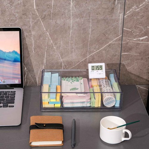 Yesesion 4 Pack Clear Office Supplies Organizer Drawer for Desk, Stackable Marker Pen and Pencil Holder with Adjustable Compartment, Large Desk Accessories Storage Box for Art Crafts, Stationery