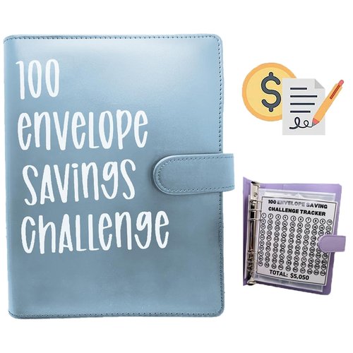 100 Envelope Challenge Binder, Savings Challenges Sheets，Easy and Fun Way to Save $5,050, Budget Binder with Cash Envelopes, Savings Challenges Binder, Budget Planner Book Budgeting (Mint Blue)