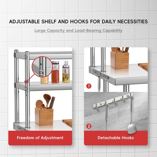 GarveeTech Stainless Steel Table with Overshelves, 30" X 24" Commercial Work Tables with 30" X 12" Shelf, Metal Kitchen Prep Table_ Shelving Combo