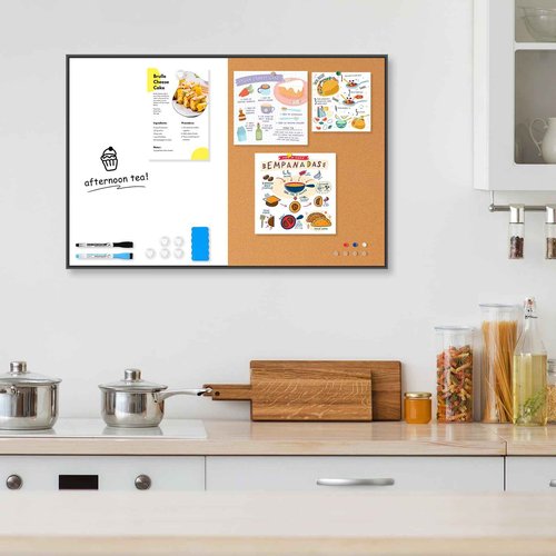 QUEENLINK Magnetic White Board and Cork Board Combo, 24" x 18", Dry Erase Bulletin Board, Black Aluminum Frame, Wall Hanging, for Home Office and School