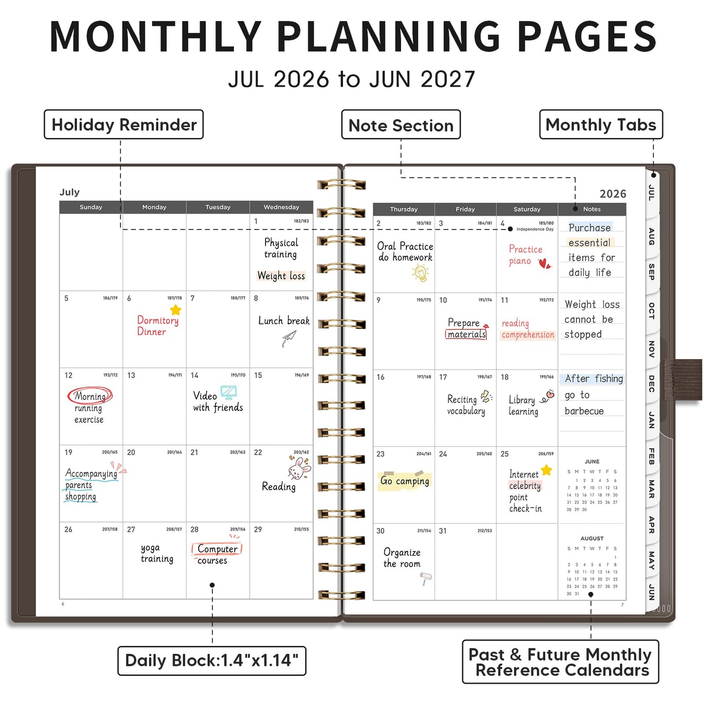 AHGXG Academic Planner 2026-2027, July 2026 - June 2027, Weekly and Monthly, 5.7" x 8.3", Calendar, Agenda for Women, Teacher, Student, School, 12-Month Tabs (Coffee)
