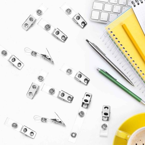 Seajan 1000 Pcs Metal Badge Clips Bulk Double Hole Name Tag Clips with Clear PVC Straps Alligator ID Strap Clips for ID Cards Holders Office School Supplies