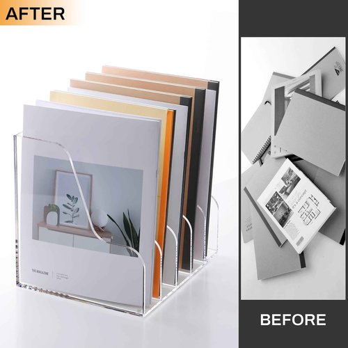 SANRUI Acrylic File Organizer, Compact Desk Organizer for Folders, Binders, Notebooks, Envelopes, Clear Magazine File Holder, 5 Section Bookshelf for School Home Office Organization, A4