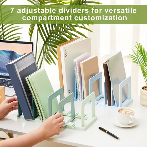 Suzile 2 Pack Adjustable Vertical File Organizer for Desk, 6 Compartments Plastic Folder Sorter with Expandable Divider, Upright File Holder for Books Magazines Office Supplies(Gradient Blue Green)