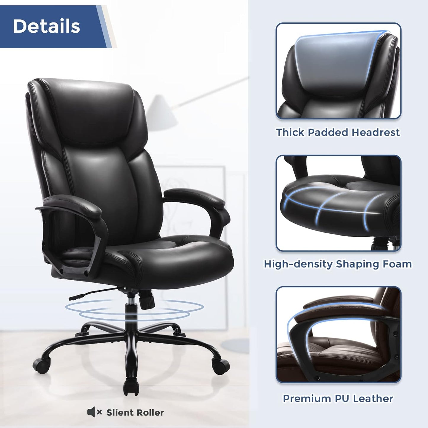 ZUNMOS Executive Office Chair - High Back Adjustable Height with Lumbar Support | Black Leather