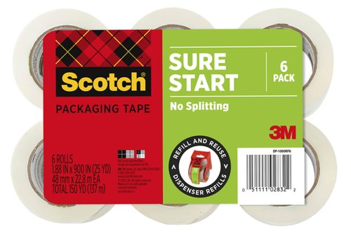 Scotch Sure Start Packing Tape, Clear, Holiday Wrapping Tape with Quiet Unwind and Easy Start, 1.88 in. x 25 yd., 6 Tape Rolls