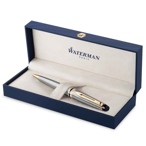 Waterman Expert Ballpoint Pen, Stainless Steel with 23k Gold Trim, Medium Point with Blue Ink Cartridge, Gift Box