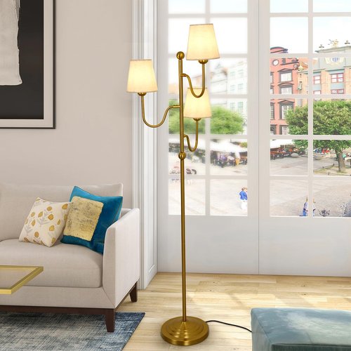 YYJLX Modern Floor Lamp with Dimmable Switch 3 Light Tree Standing Tall Lamp with Linen Drum Shade Mid Century Gold Corner Lamp for Living Room Bedroom Office