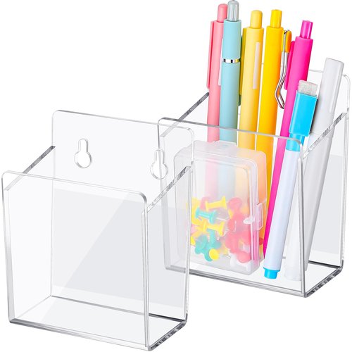 Chivertion Acrylic Wall Mounted Marker Holder Acrylic Pen Holder Adhesive Glass Whiteboard Dry Erase Marker Organizer with Tapes Hanging Holes for Whiteboard Fridge Locker