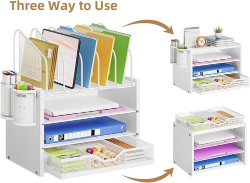 Marbrasse Desk Organizer - 4-Tier Wooden File Holder with Drawer & 5 Vertical Slots | White Home Office Accessory