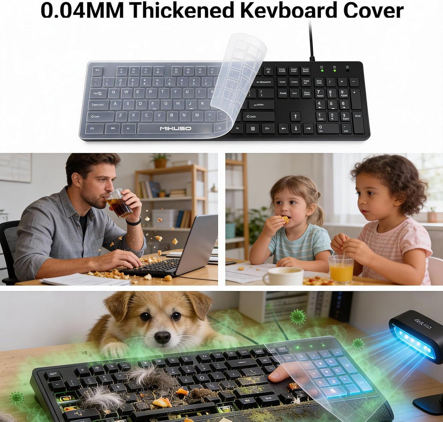 Spill Proof Keyboard - Full Size Wired 104 Keys with Easy Clean Cover & Laser Etched Keycaps | Black