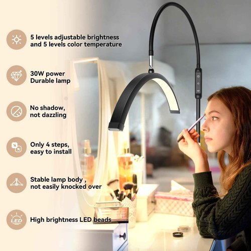 Fitlume Lash Light for Eyelash Tech, Gooseneck Floor Lamp Led Half Moon Ring Light for Eyelash Extensions, Tattoo Artist, Nail Tech, Esthetician, Cool/Warm Modes, Dimmable Brightness, Movable Tray