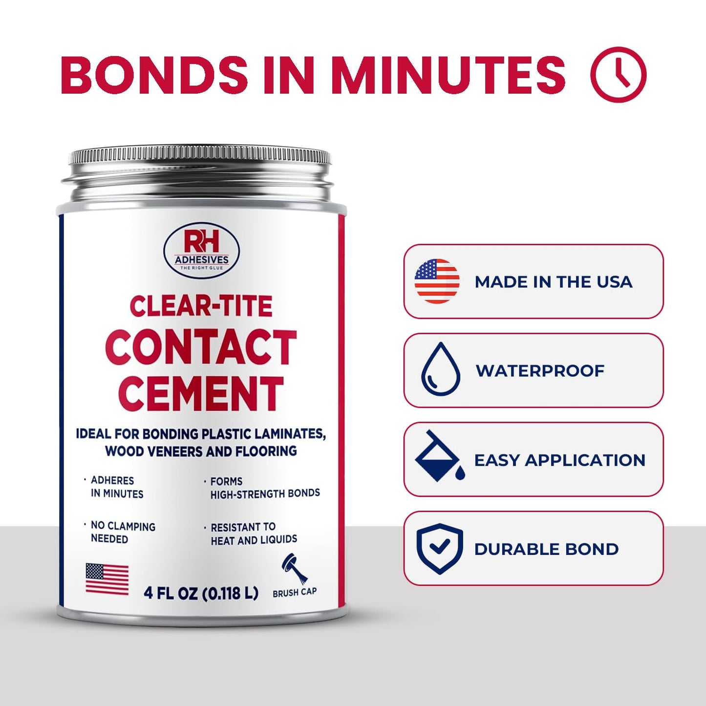 Clear-Tite Contact Cement, 4 oz. can - Laminate Flooring, Countertops, Tabletops, Crepe Rubber, Ceramics, Wood Veneers, Waterproof, Long Lasting - RH Adhesives