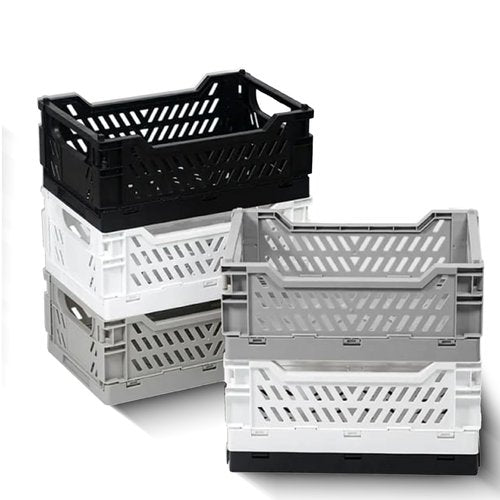 6-Pack Foldable Plastic Storage Crates for Organizing with Handles, Stackable Collapsible Bins for Desk, Office and Shelf Organization, Small Basket for Home, Kitchen, and Classroom (White-Grey-Black)