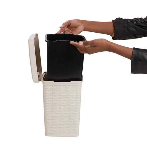 Mind Reader Trash Can, 5.5L (1.5 gal) Capacity, Bathroom Decor, Hands Free Lid, Square, 7.75" L x 7.75" W x 11" H, Ivory