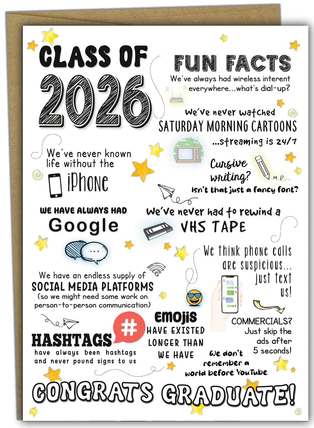 Katie Doodle 2026 Graduation Card - (Made in USA) - Funny High School Graduation Cards 2026, Class-of-2026 Cards (5x7 inch, Blank Inside) - Grad Gifts for Her, Him (Handmade) - Includes Envelope