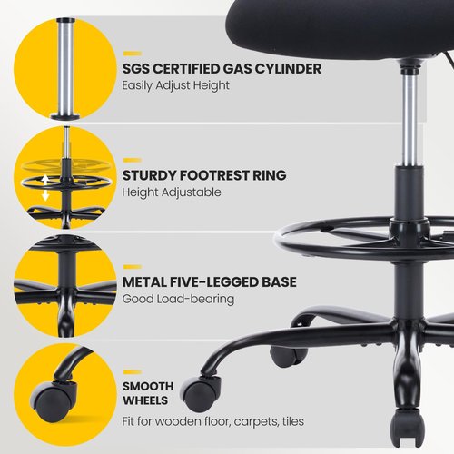Sweetcrispy Home Office Drafting Chair - Ergonomic High Stool Computer with Adjustable Height and Comfy Lumbar Support, Tall Rolling Task for Standing Desk with Fixed Arm and Footrest, Dark Black