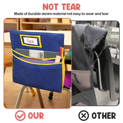 16PCS Chairback Buddy Pockets Chart with 2 Heavy Duty Storage Pocket,School Supplies Chair Back,Standard Denim Storage Organizer for Classroom Chair(Yellow)