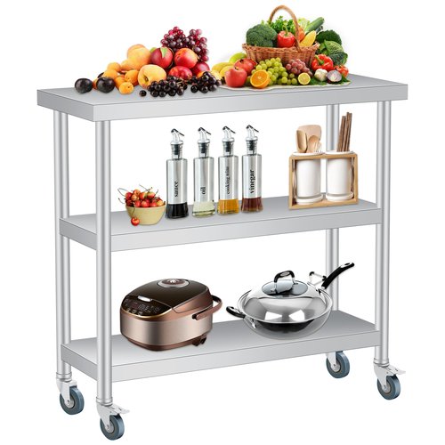 Stainless Steel Table, 14 x 36 Inch, 3-Tier Metal Prep Table with 2 Lockable Wheels, Undershelf, Commercial Kitchen Utility Workstation for Restaurant, Hotel, Laundry, Garage, Indoor, Outdoor, BBQ