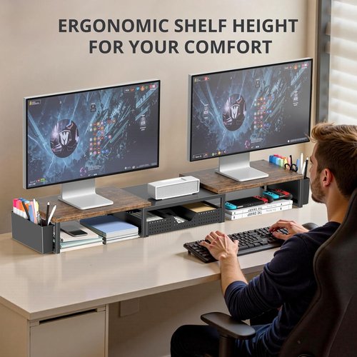 OPNICE Dual Monitor Stand Riser - Desk Organizer with Drawer & 2 Pen Holders | Rustic Brown Wood