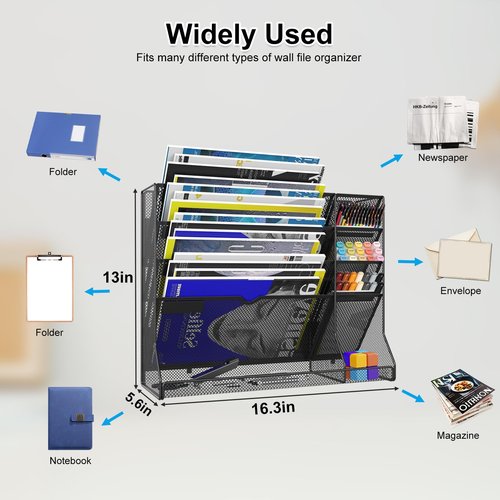 KZWKRG 5 Tier Magnetic File Holder, Magnetic File Organizer, Hanging Mail Organizer Folder Holder with R-shaped Bottom Tray, Magnetic Paper Document Magazine Rack with 4 Pen Holder for Office Home