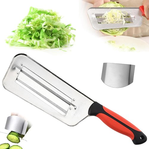 Stainless Steel Shredder Knife, Cabbage Shredder–Dual Stainless Steel with Cut-Proof Hand Tools for Salad Prep, Slaw, Lettuce, Carrots, Cucumbers, And More – Compact, Easy-to-Clean (Red-Black)
