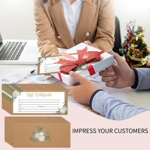 Blank Gift Certificates, 25 Floral Kraft Gift Certificate Cards for Business, Spa, Salon, Massage, Restaurants, Custom Client Vouchers for Birthday, Work Card -05