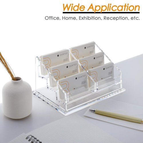 SANRUI Acrylic Business Card Holder for Desk, Clear Display Stand with 6 Slots, Holds 300 Cards, 3-Tier Horizontal Clear Name Card Stand ,Office Desk Organizer for Women & Men