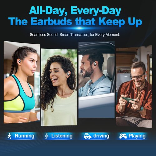 AI Language Translator Earbuds 144 Languages Bluetooth 5.3 Wireless - Two Way Translation Noise Reduction IPX5 Waterproof for Travel Business Gym Learning iOS Android