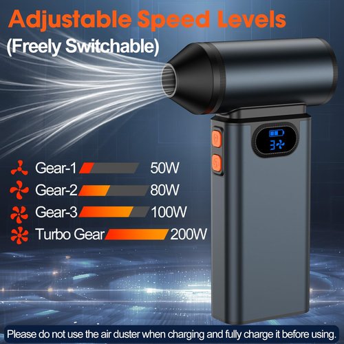 Metal Electric Compressed Air Duster, 300000RPM High Speed Rechargeable Air Blower&Pump for Leaf Blower with Digital Display, 4-Speed Modes-Brushless Motor Mini PC Dust Cleaner with Light(Black)