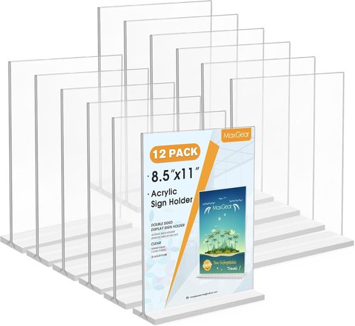 MaxGear Acrylic Sign Holder - 8.5x11 Double-Sided T-Shape Display Stand | 12-Pack Clear Menu Frames