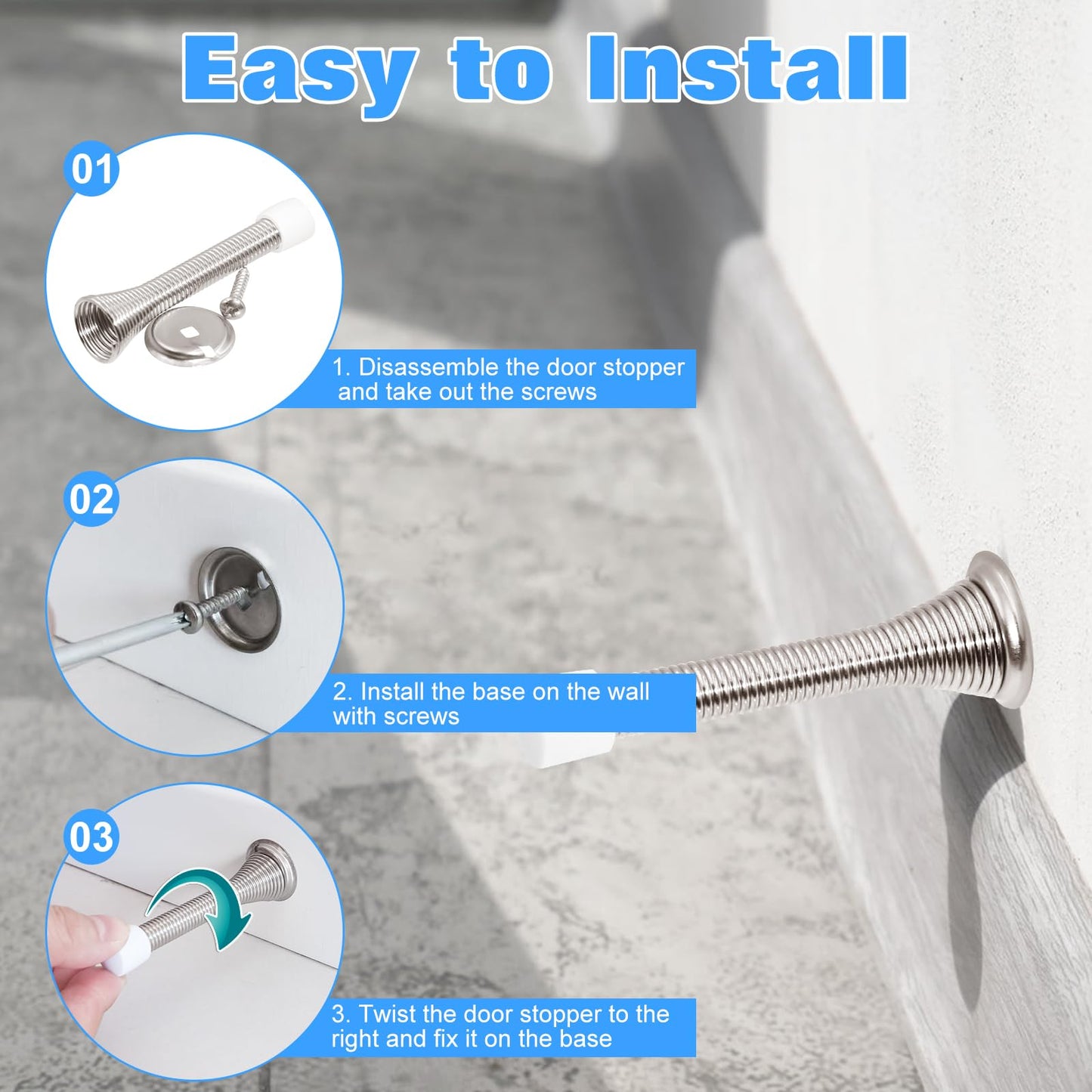 6 Pack Spring Door Stopper 3.2 Inch Flexible Heavy Duty Spring Door Stop with RustProof Screw Rubber Bumper Tips, Wall Protector for Home, Office, Kids Room – Easy Install, Satin Nickel Finish