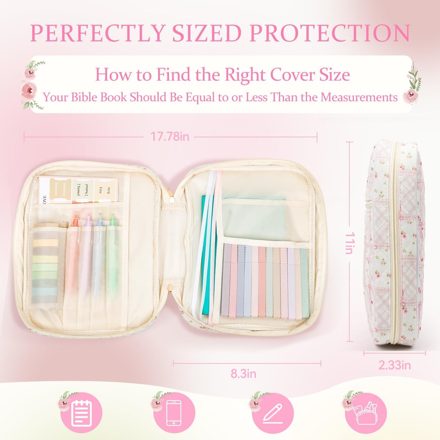Skiennix Bible Cover Case - Large Quilted Carrying Bag with Handles | Pink Patchwork for Women