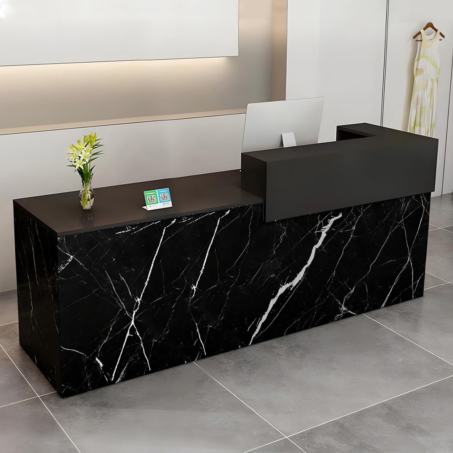 Modern Reception Desk with Drawer & Open Shelves, 39-95 Inch Front Counter Table, Computer Workstation Suitable for Salons, Offices, Lobbies, Retail Stores and Home Offices