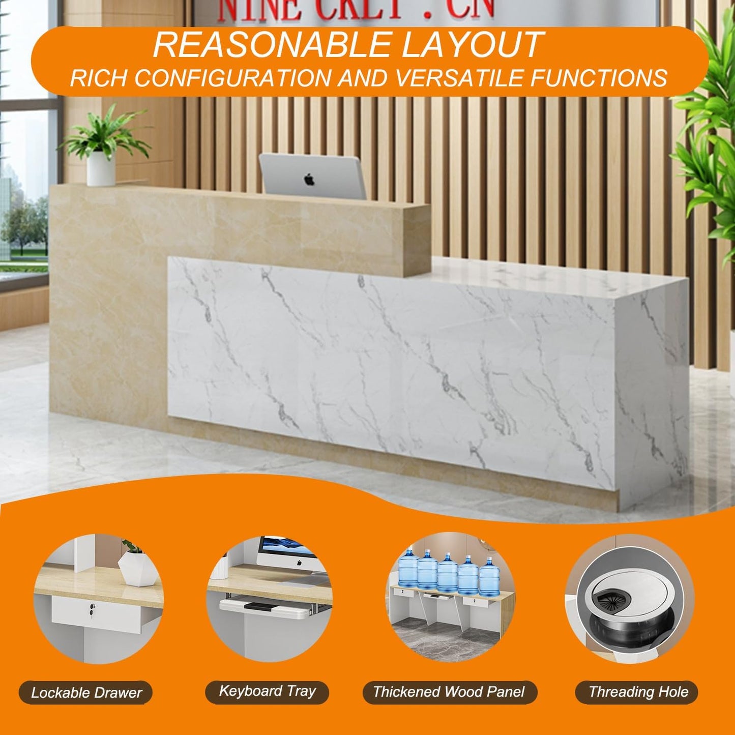 Skiennix Wood Reception Desk - Modern L-Shaped Marble Stone Checkout Counter with Storage Drawers for Salon & Retail