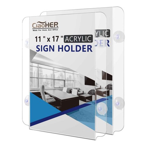 CiaoHER Acrylic Window Sign Holder 11 x 17, Clear Acrylic Frames Glass Window Mount Advertising Signage Sign Holder with 4 Suction Cups for Mall, Office, Home, Restaurant, Vertical （2 Pack）