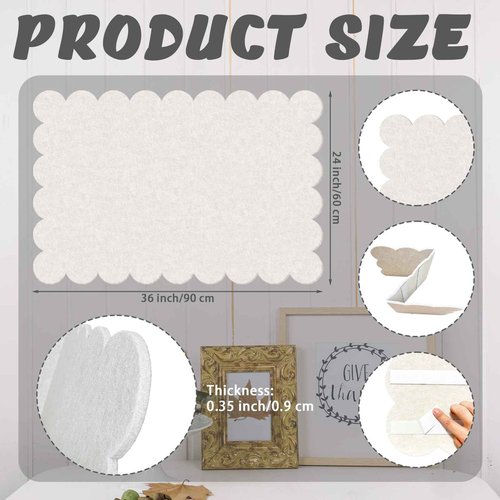 Beige Scalloped Felt Bulletin Board - 36 x 24 Inches Large Felt Board Foldable Cork Board Alternative Photo Board Self-Adhesive Vision Board Decorative Pin Board for Wall
